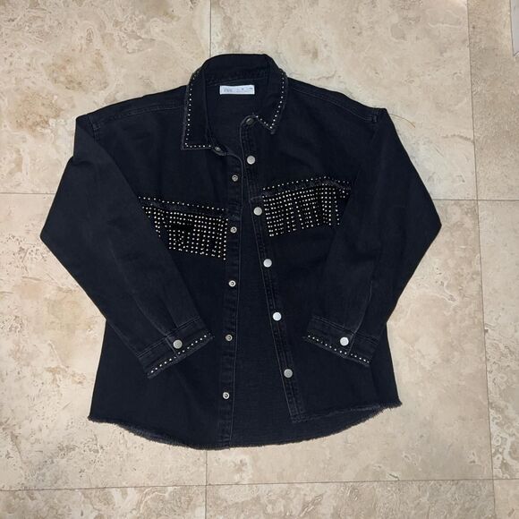 NWOT Zara Fringe Black Denim Studded Shirt Jacket Sz 10 - Picture 1 of 3